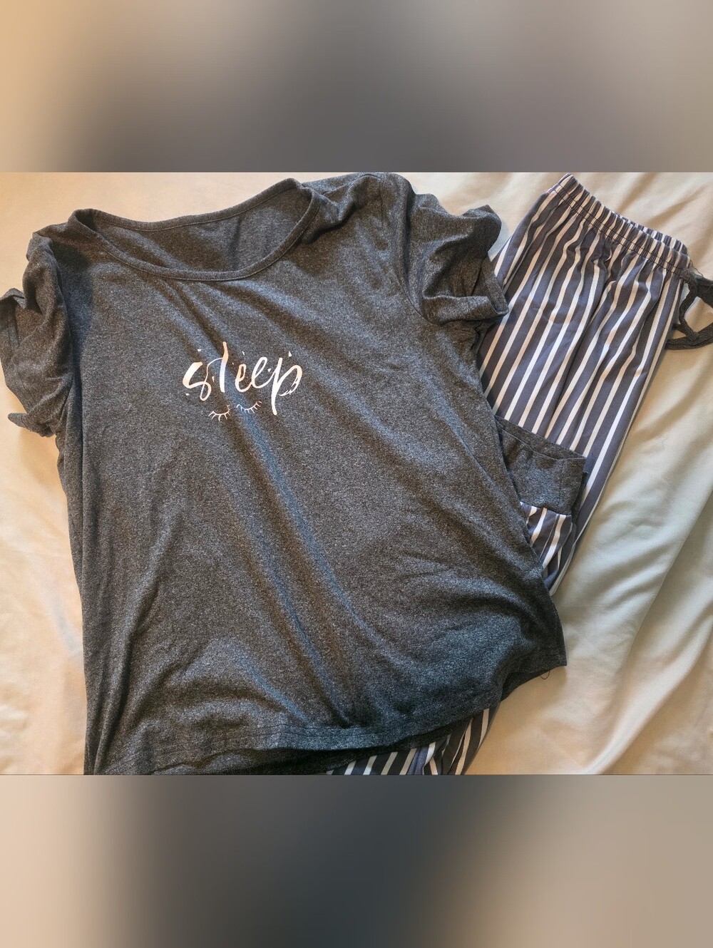 SHEIN Dark Gray 'sleep' Short Sleeve Top with Navy & White Striped Pajama Pants
